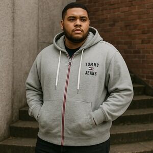 Tommy Jeans Spellout Men's 3X Gray Zip Hoodie Retro Y2K Streetwear Logo Athletic